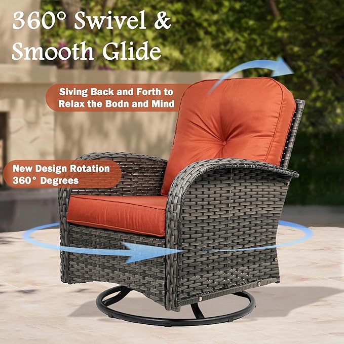7-Piece Outdoor Patio Conversation Set with Storage Table, All Weather Wicker Rattan Conversation Set with Ottomans, Outdoor Sectional Swivel Rocking Chair for Patio, Porch,Red
