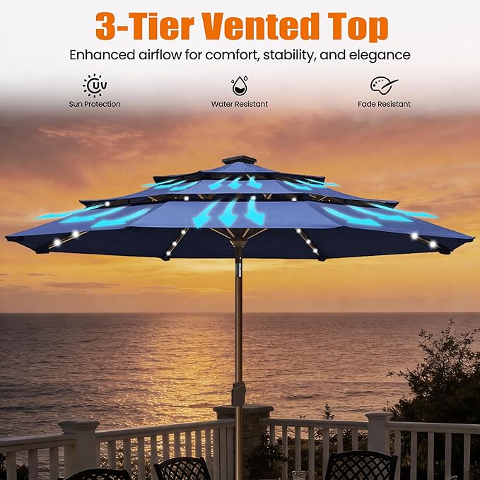 EliteShade USA 10-Year-Non-Fading 10ft 3-Tier Market Patio Umbrella, Commercial Table Umbrella with 80 Solar LED Lights, Crank Open, Windproof & UPF 50+ UV Protection for Garden, Deck, Pool, Backyard, Navy Blue