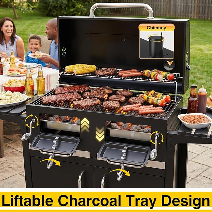 Bestfire 63" Oversized Charcoal BBQ Grill & Smoker, Large Outdoor Grill with 2 Individual Lifting Charcoal Trays, Cabinet-Style Charcoal Grills with Foldable Side Tables, 4 Wheels, Asadores de Carbon