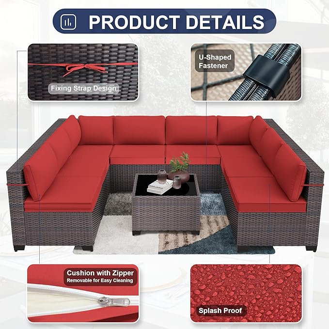 Patio Furniture Set 9pcs Outdoor Furniture for Backyard Sectional Sofa Set, Wicker Rattan Outdoor Conversation Set with 4 Inch Thickened Cushions and Coffee Table, Red