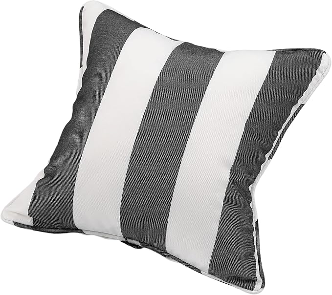 Outdoor Throw Pillow with Insert 18x18 Inch, Set of 2, Piping Edge Waterproof Fade Resistant Decorative Fluffy Pillows for Patio Furniture Chair Bench Couch Sofa - Black Ivory Striped