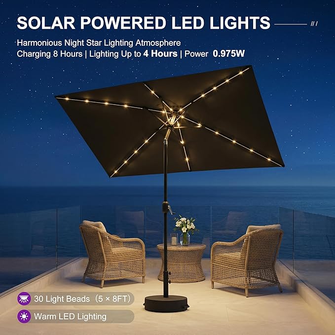 PURPLE LEAF 5' x 8' Rectangular Patio Umbrella with Solar LED Outdoor Table Umbrella Aluminum Frame Market Umbrella Sun Umbrella for Garden Deck Lawn Pool Navy Blue