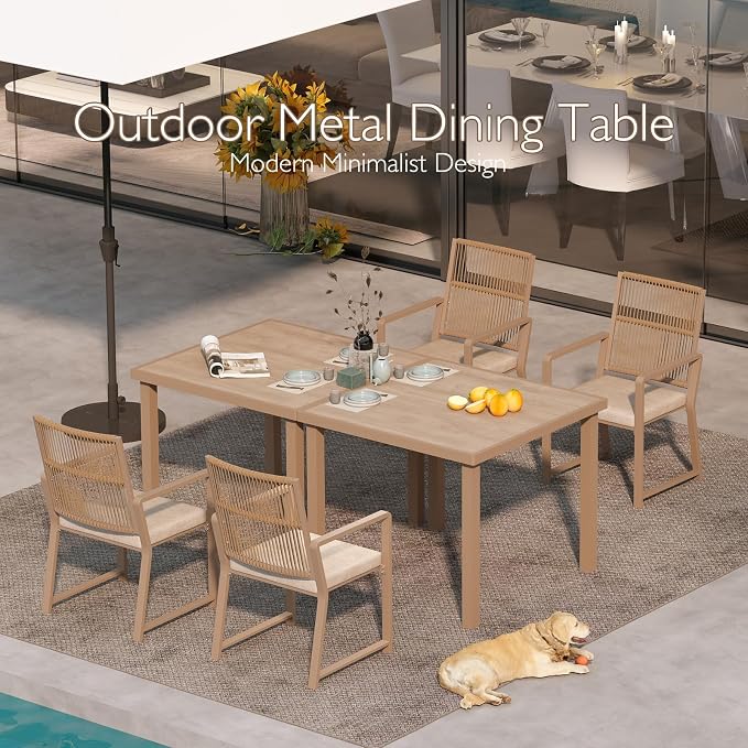 Iron Outdoor Anti-Corrosion Wood-Plastic Dining Table -All-Weather Exposed Square Table Waterproof and Rust-Proof Courtyard-Style Coffee Table Garden/Balcony/Poolside, Light Brown 1 Pcs