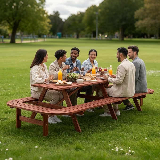 ZeHuoGe Picnic Table with Benches for 14-16 Persons, Nearly 8-Foot Long Outdoor Wooden Rectangle Table for Patio, Garden, Backyard, Large Outside Dining Set with Umbrella Hole