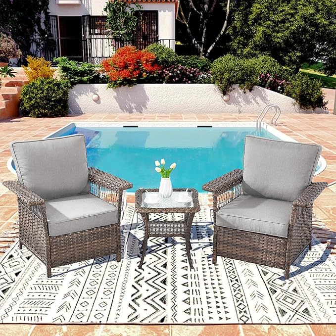 Outdoor Patio Chairs Wicker Chair - 3 Piece Rattan Patio Bistro Chairs Set with Sturdy Frame,All-Weather PE Wicker and Comfortable Cushions,1 Side Table for Outside Porch Deck Balcony(Brown/Grey)