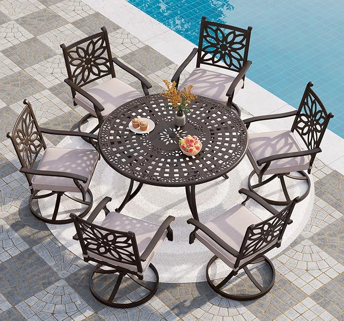 PHI VILLA 7 Pieces Outdoor Cast Aluminium Dining Set for 6, 54" Round Patio Table with Umbrella Hole & Heavy-Duty Swivel Chairs with Cushions, Large Outside Furniture Set for Deck, Porch - Brown