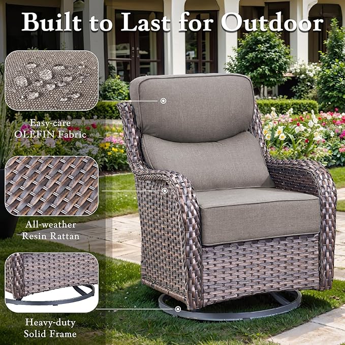 Luxury High Back Outdoor Furniture with 6-inch Extra Thick Cushions, Patio Furniture Set with Swivel Chairs, 4 PCS Wicker Patio Set for Yard, Deck, Poolside, Brown/Grey