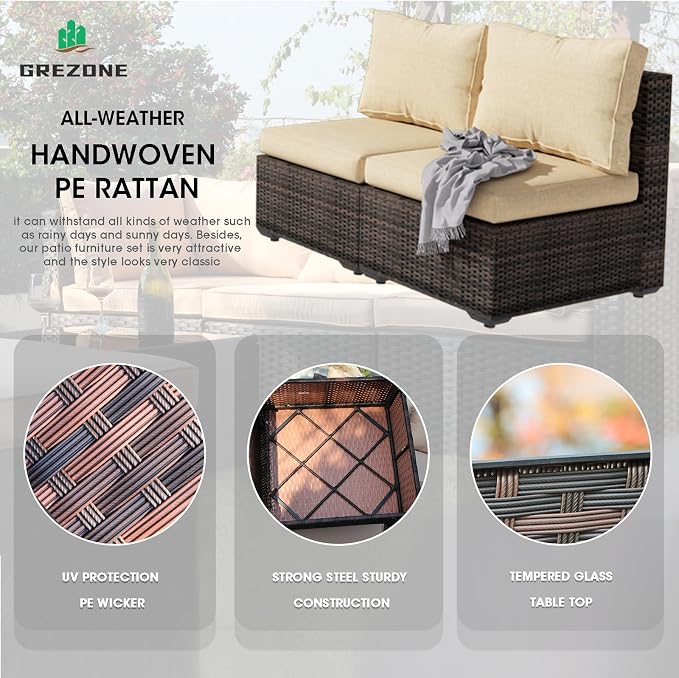 Grezone 9 Piece Patio Furniture Set with 44" Fire Pit Table, Outdoor Sectional Couch, PE Rattan Patio Conversation Sets with 4inch Cushions for Backyard Beige