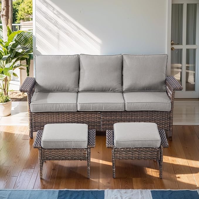 Wicker Patio Furniture Set - Sofa With 2 PE Rattan Ottomans, Brown Wicker Grey Cushions - 3pcs Conversation Set for Garden, Balcony, Sunroom, Backyard, Deck, Poolside