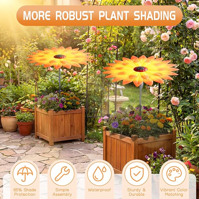 Axcoix 2 Pack Metal Plant Umbrellas for Outdoor Plants, 12" Realistic Flower Design Garden Plant Umbrella Shade, Decorative Sun Shade Disk for Plants, Potted Plants, Garden Beds