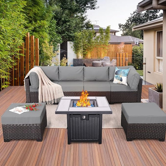 WAROOM Outdoor Patio Furniture Set 7 Pieces Wicker Sectional Sofa Brown Rattan Conversation Couch with Square Gas Fire Pit Table, Anti-Slip Thick Grey Cushion