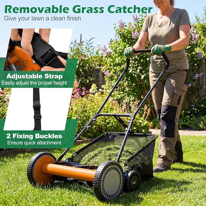 Push Reel Lawn Mower, Cordless 18" Manganese Steel Manual Grass Cutter with 5-Blade, Removable Grass Catcher, 9 Cutting Heights, Walk-Behind Lawn Mower for Garden Farm Yard (Orange)