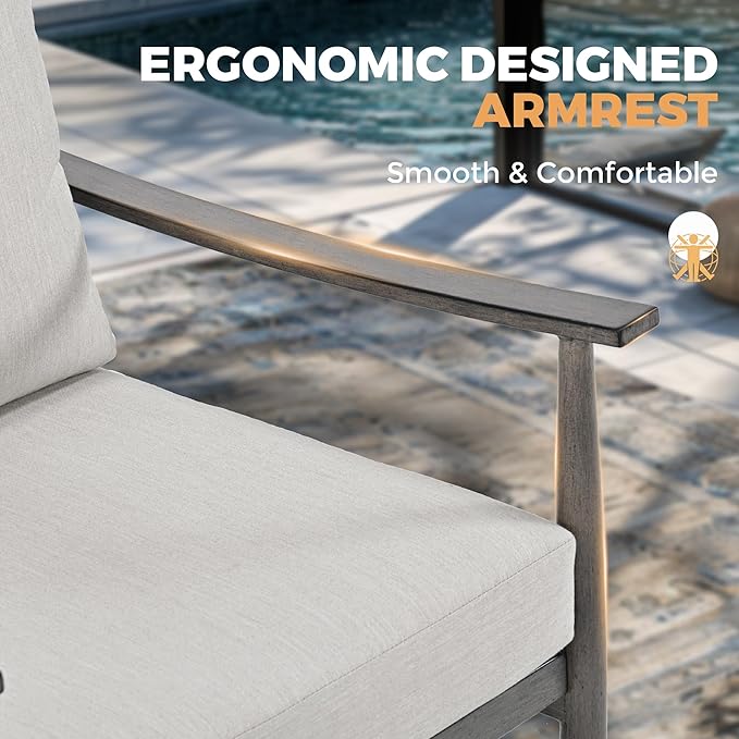 HAPPATIO Patio Outdoor Furniture Set - 6 Pieces Aluminum Outdoor Conversation Set with 1 Three-Seater Sofa, 1 Coffee Table, 2 Armchairs, and 2 Ottomans for Yard, Porch, and Deck (Grey)
