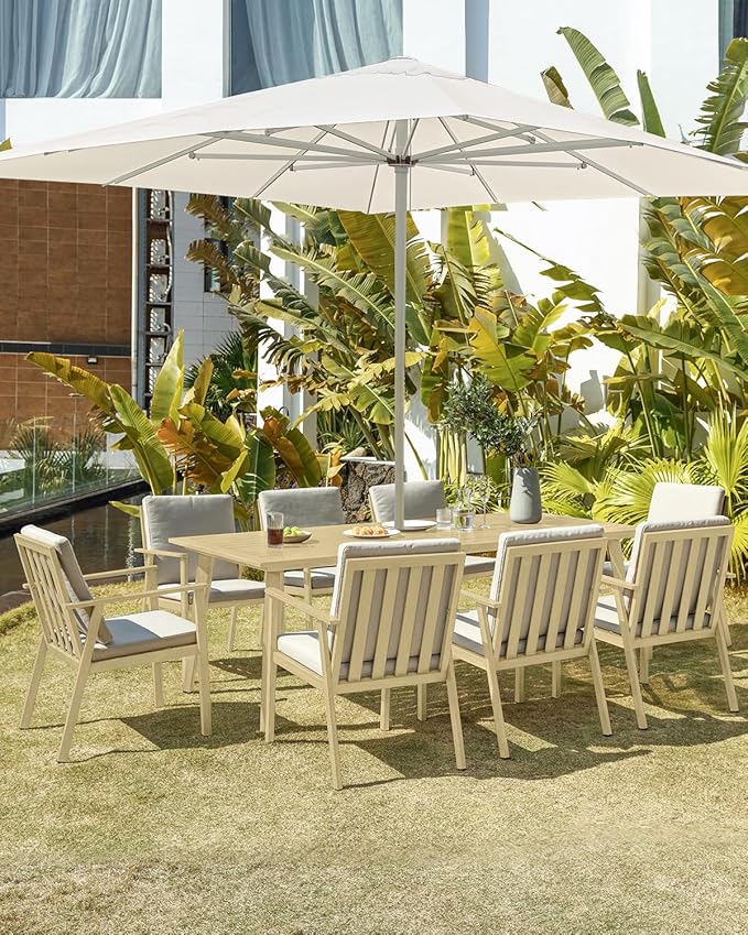 9 Pieces Outdoor Dining Set, Never-Rust Aluminum Patio Furniture Set with Umbrella Hole, All-Weather Outdoor Patio Dining Set for 8, Patio Table and Chair Set for Garden, Lawn, Maple Wood