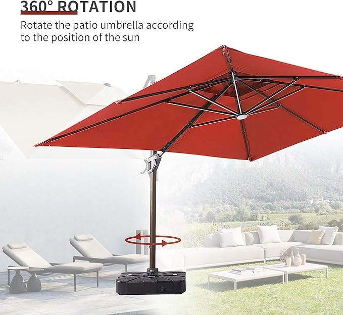 JZAC & QZYD 9x12 FT Outdoor Cantilever Patio Umbrella with Base Included and LED Lights, Large Heavy Duty 2-Tier Aluminum Offset Umbrellas with 360-Degree Rotation for Pool Deck, Red