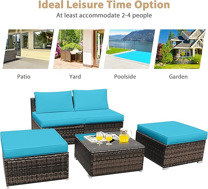 Tangkula 5 Piece Wicker Lounge Chair Set, with Tempered Glass Coffee Table, Outdoor Conversation Sets w/Washable Zippered Cushions, Includes 2 Armless Sofas, 2 Ottomans and 1 Side Table (Turquoise)