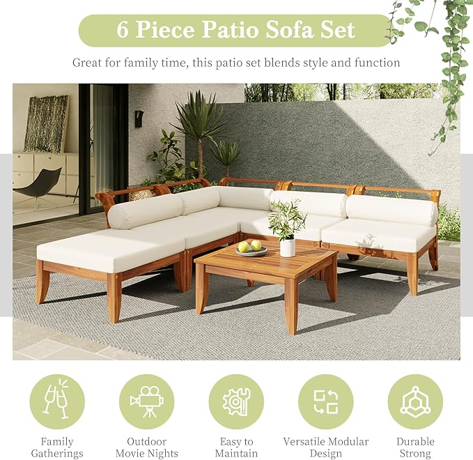 6 Piece Acacia Wood Patio Sofa Set with Tea Table, L-Shaped Modular Sectional Outdoor Garden Furniture Set Conversation Sofa Set Convertible Daybed with 5 Cushions and Pillows, Teak