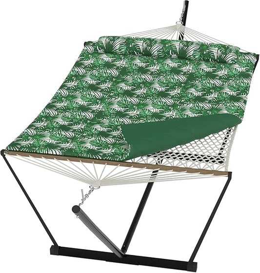 2 Person Outdoor Hammock with Stand, Person Cotton Rope Hammock with Polyester Pad, Portable Hammock with Carrying Bag, for Patio, Garden, Beach, Backyard Camping