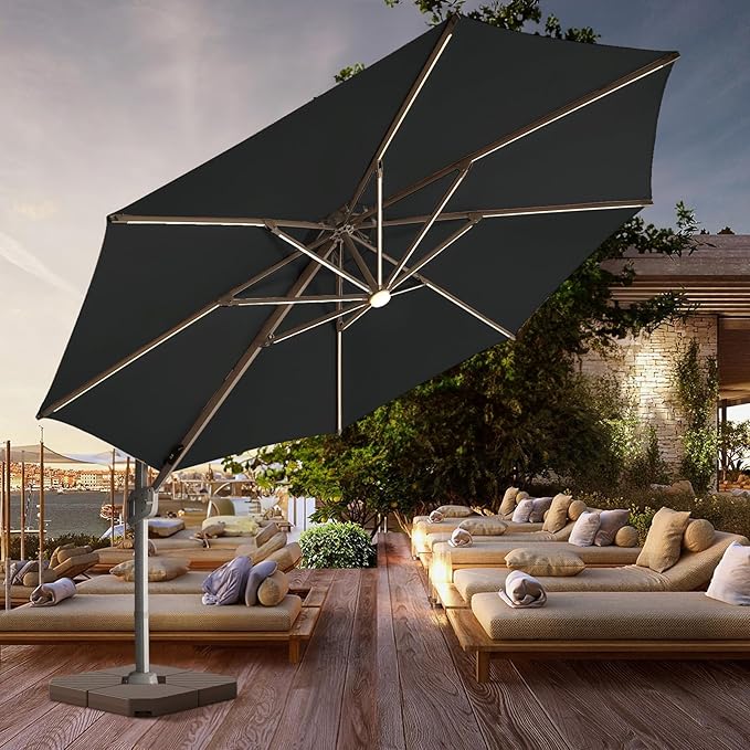 wikiwiki 12FT 2 Tiers Cantilever Patio Umbrella with Solar Lights, Offset Umbrella Outdoor Patio with 360 Rotation and Unlimited Tilting System, Heavy Duty Umbrella with Cross Base, Grey