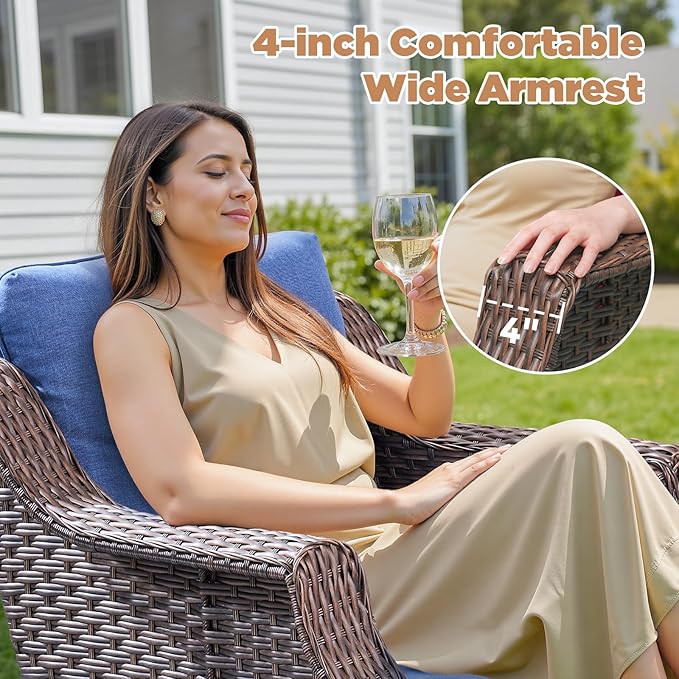 Outdoor Swivel Rocking Chair Set (9PCS), Rocking Chair with Sofa and Coffee Table Set, Crafted from PE Rattan with an Elegant Side Table, Ideal for Gardens and Patios, Brown/Blue