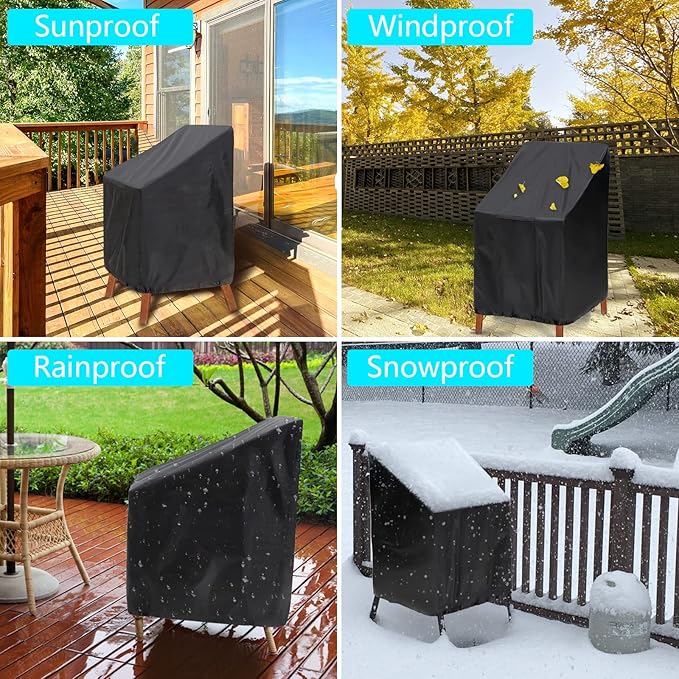 Outdoor Chair Covers, 2 Pack, 25"W x 25"D x 47"H, Waterproof, Black, Polyester Blend, Fits 4-6 Stackable Dining Chairs