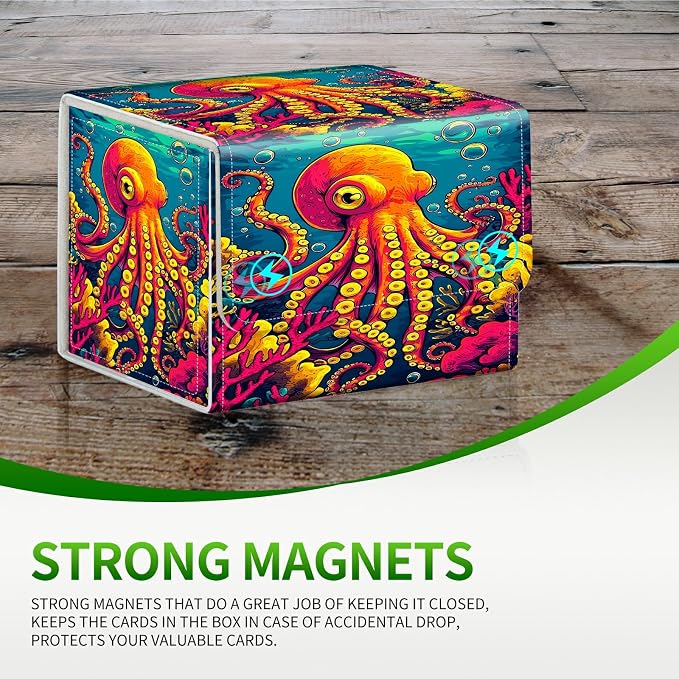 Card Deck Box for MTG, Cards Storage Box Fits 120+ Sleeved, Leather Small Size Strong Magnetic Closing Card Case for Board Games Magic TCG CCG Baseball Collection, Octopus Ocean Bottom
