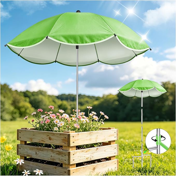 1Pack Plant Umbrellas for Outdoor Plants, Upgraded 360° Rotating 3-Prong Ground Stake for Stronger Grip, Stable Garden Shade Umbrella for Flowers, Vegetables, Fruit Trees, Raised Beds & Planters Green