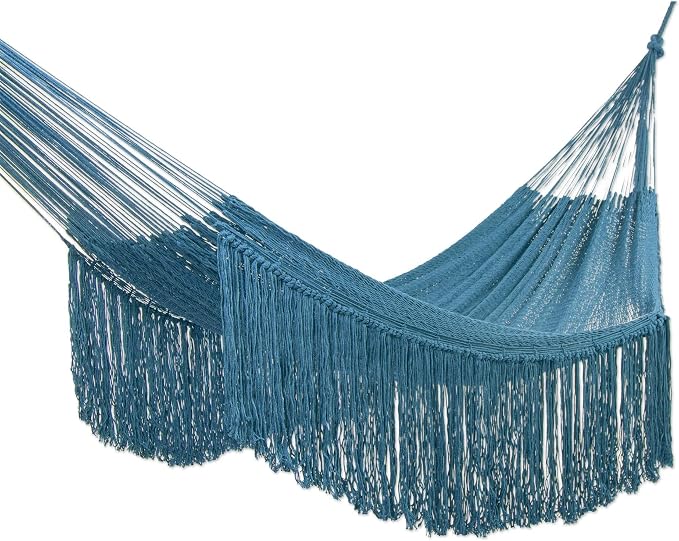 NOVICA Cotton Rope Hammock Turquoise from Mexico Double Blue Solid Bohemian Tropical Decor 'Caribbean Blue Cascade'(Double)