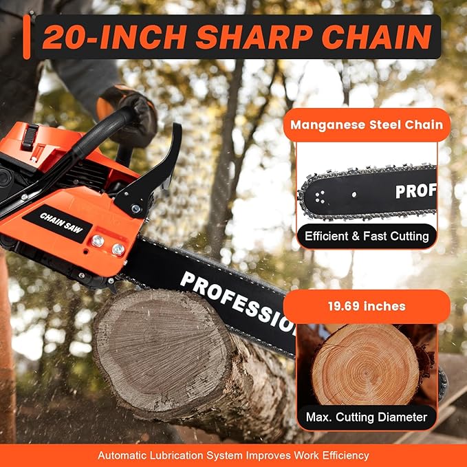58CC 2-Cycle Gas Powered Chainsaw, 20 Inch Top Handle Chain Saw Guide Board Power Chain Saws Handheld Cordless Petrol Chainsaw Optional for Cutting Trees Wood Farm Garden Ranch Forest