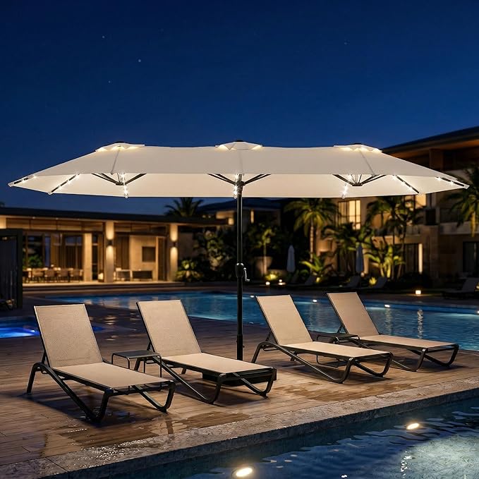 15ft Large Patio Umbrella with Solar Lights and Base, Double-Sided Outdoor Rectangle Umbrella with 48 LED Lights, Market Table Umbrellas with UV Resistant Canopy