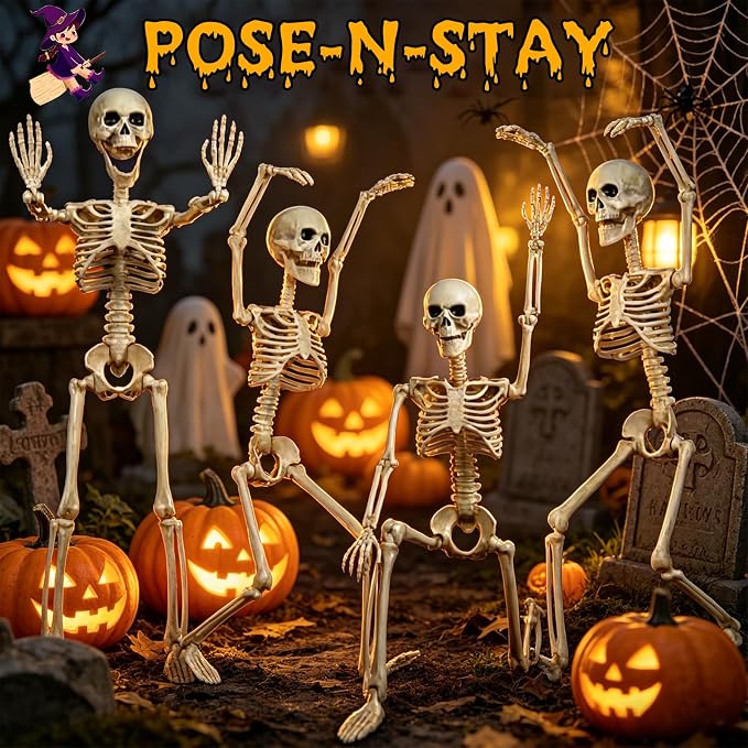 2-Pack 40" Pose-N-Stay Halloween Skeletons, Life-Size Full Body Realistic Posable Skeleton with Movable Joints, Spooky Haunted House Decor for Outdoor Yard, Patio & Front Porch