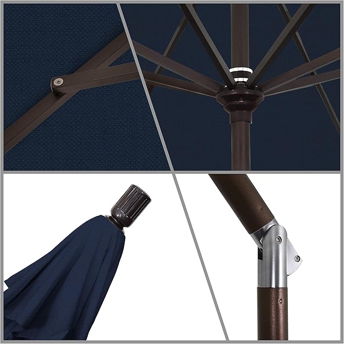 California Umbrella 9' Round Aluminum Market Umbrella, Crank Lift, Collar Tilt, Bronze Pole, Navy Blue Olefin