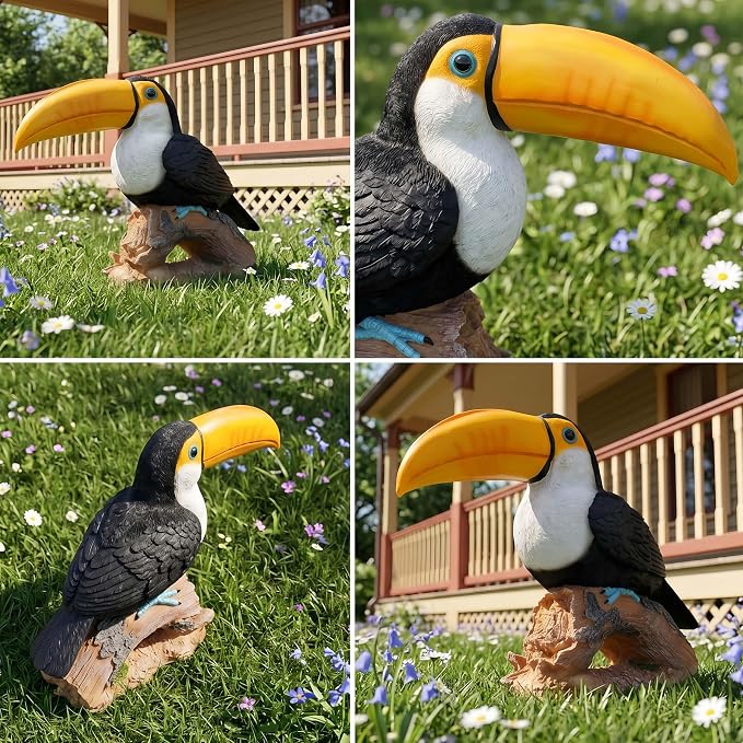 14.2" Real Toucan Statue,Colorful Outdoor Bird Decor Sculpture - Bird Outdoor Animal Ornament, Tropical Tiki Bar Decor, Waterproof & Weather-Resistant, Perfect for Garden, Patio, Yard (Red)
