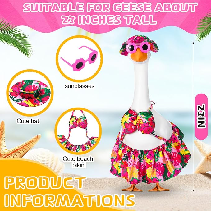 Abbylike Summer Porch Goose Outfits Bikini Hawaiian Tropical Printed Goose Clothes Fits Large 23'' Cement Plastic Statue for Front Door Outdoor Garden Patio Yard Pathway Art Decoration