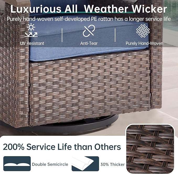Luxury Outdoor Swivel Rocker Patio Chairs with Metal Side Table - Heavy Duty 3 Piece Patio Furniture Set All Weather Wicker Glider Set with Thick Cushion for Porch, Poolside and Deck - Blue
