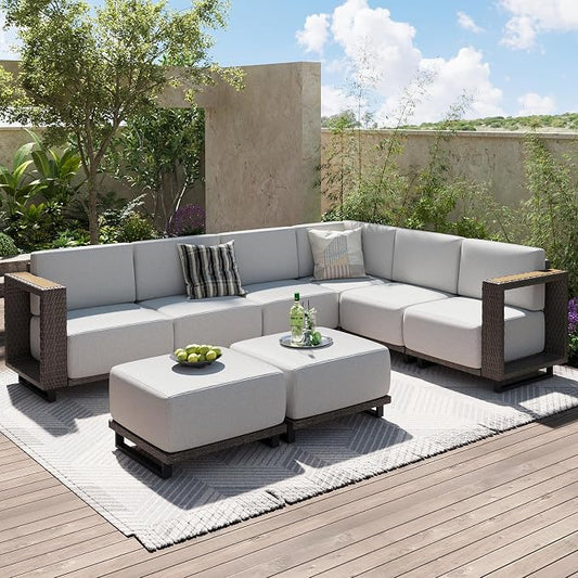 Aoxun Patio Furniture Set, 8 Piece Outdoor Wicker Sectional Sofa Set, All-Weather Rattan with 10'' Ultra-Thick Cushions, Outdoor Conversation Set for Backyard, Poolside and Garden, Brown/Light Gray
