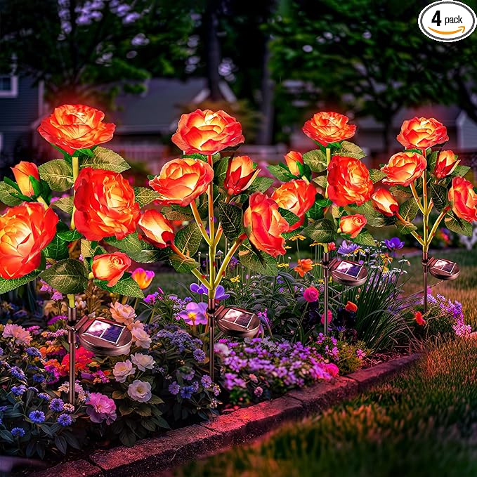 Anordsem Solar Garden Lights Outdoor: 20 Artificial Fabric Red Roses Flowers 4 Pack- LED Flower Decorations for Cemetery Grave Pathway Yard- Mothers Day Gifts for Women, Wife and Mother