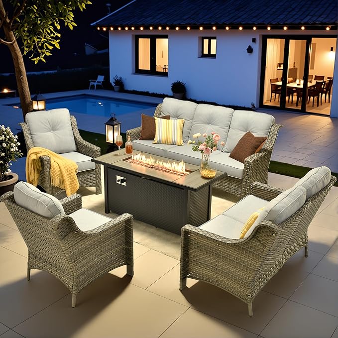HOOOWOOO Patio Furniture Set,5 Pieces Wicker Outdoor Furniture,High Back Conversation Set with All Weather Resistant Fire Pit Table Couch Loveseat Chairs,Light Gray