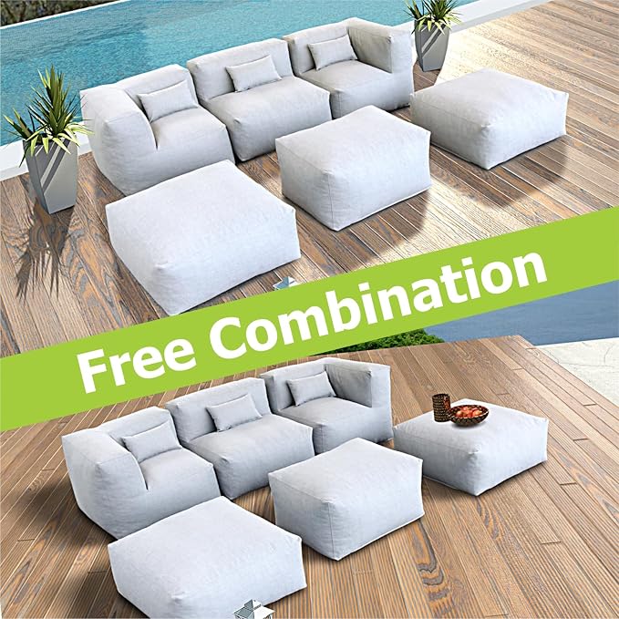 ANNYH PortoCervo 6PCS Patio Outdoor Furniture Sectional Conversation Set Combines 1 Middle & 2 Corner Chairs, 3 Ottoman, Foam Filled Bean Bag Chairs Modular Contemporary Sofa Comfy Couch, Cloud Gray