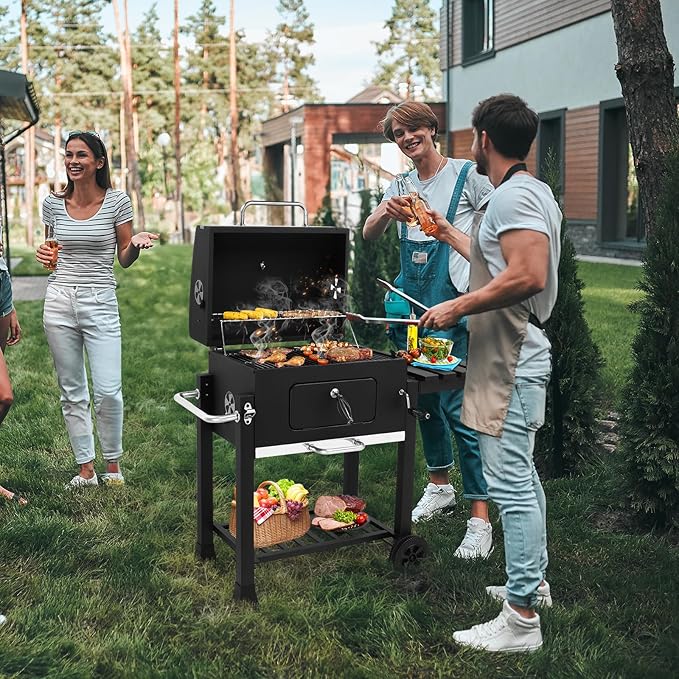 Outdoor BBQ Charcoal Grills,Heavy Duty Charcoal Grill,Metal Outdoor Barbecue Smoker,Portable Camping Barbecue Grills,with Foldable Side Tables,for Garden, Backyard, Patio, Picnics, Party (Black)