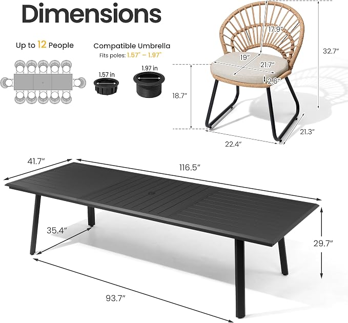13 Piece Aluminum Patio Dining Set with Rattan Outdoor Chairs | 116" Large Rectangle Table with Umbrella Hole, 12 Shell Shaped Side Chairs with Beige Cushions for Backyard Garden Deck