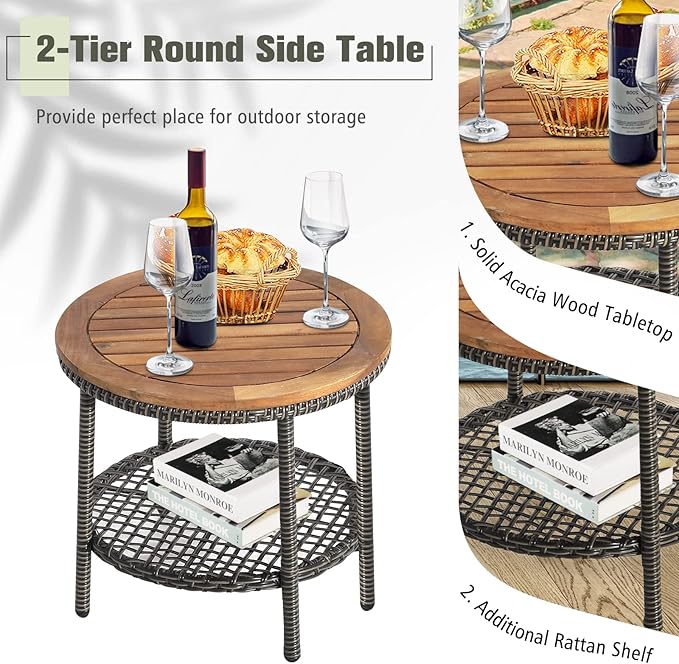 Tangkula 3 Piece Patio Conversation Set, Outdoor Rattan Chair Set W/ 2-Tier Coffee Table, Acacia Wood Tabletop, Cozy Seat & Back Cushions, Wicker Sofa Set for Backyard Poolside Front Porch (Off White)