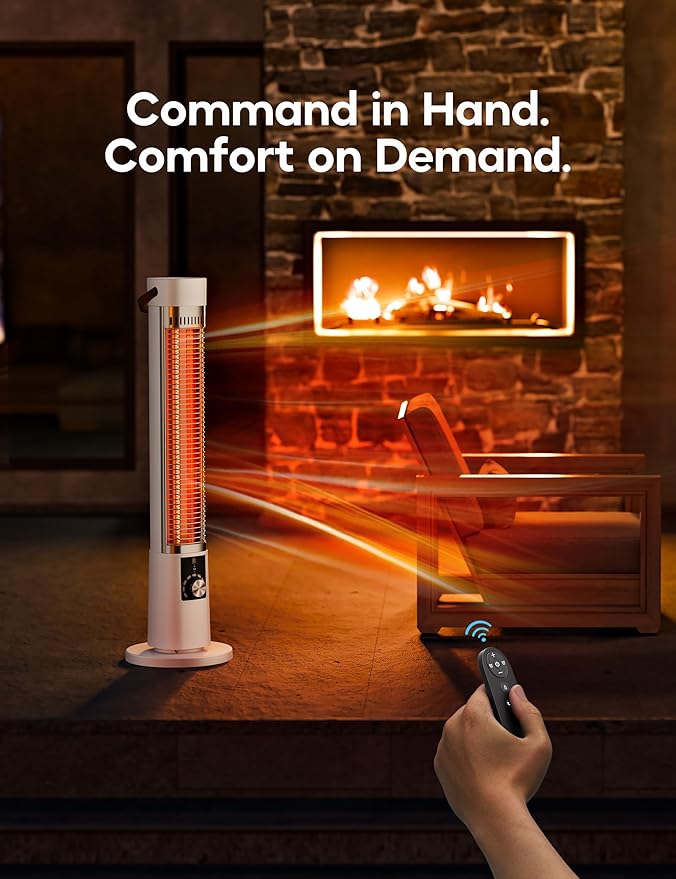 Patio Heater for Outdoor Use, Infrared Electric Outdoor Heater, 1500W Instant Heating, 60-Degree Oscillation, 9 Heat Levels, 9H Timer, Remote, for Garage, Backyard, Large Room, Indoor, 32.2", Pearl