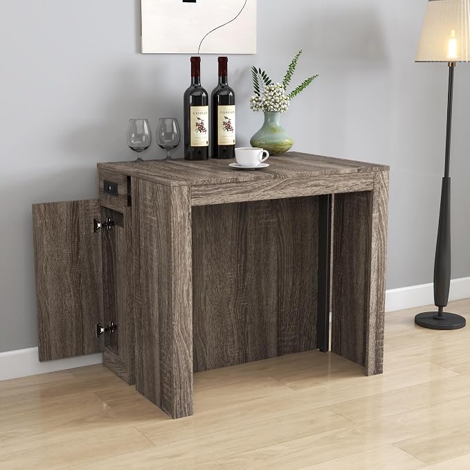 23.62”-118.11” Extendable Dining Room Table, 1-10 People Wood Long Foldable Tables with Storage Cabinet & Outlet, Space Saving Expanding Table with for Kitchen, Living Room, Party, Brown