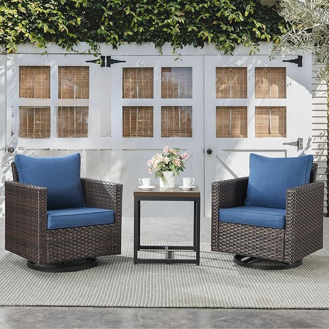 Belord Outdoor Bistro Set 3 Piece Wicker Swivel Rocker Patio Chairs, Oversize Outdoor Rattan Seating Set, Patio Swivel Glider Chairs Wicker Furniture with Metal Side Table for Porch Backyard, Brown