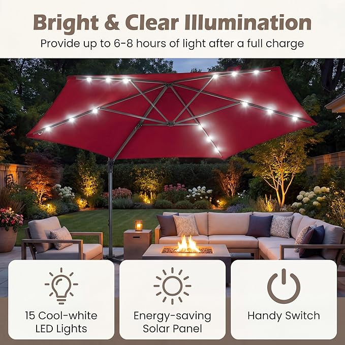HAPPYGRILL 10 FT Patio Umbrella with Solar Lights, Outdoor Offset Cantilever Umbrella with White LED Lights, 360 Degree Rotation, Air Vent for Pool Deck Garden Backyard