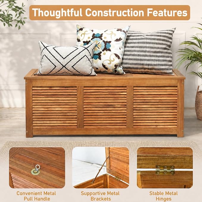 HOMGX Acacia Wood Deck Box with Teak Oil Finish, Sturdy Outdoor Storage Bench for Patio Garden Backyard, Versatile Patio Storage Box with Ventilated Slats & 355 lbs Capacity, 46 Gallon, Natural