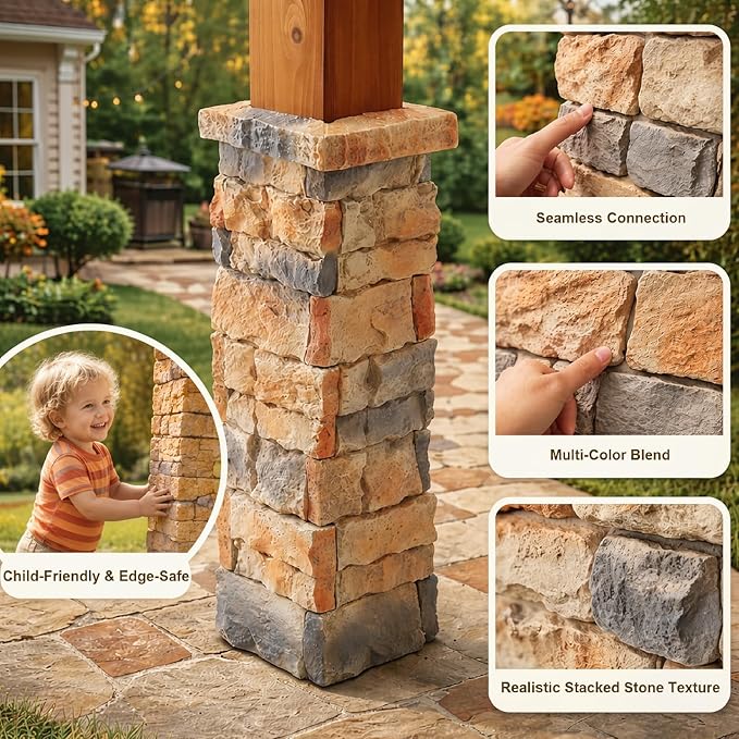 [4-Pack] Faux Stone Column Wrap, 27.2" Height Stackable Post Sleeves, Realistic Natural Rock Texture Decorative Pillar Covers for Gazebo, Porch and Patio, Easy DIY Interlocking Installation.