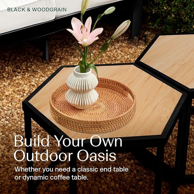 Honeycomb Indoor/Outdoor Omni Table: Weather, Rust, Heat, and Stain Resistant, Flexible Design to Stand Alone or be Combined, Stylish Yet Sturdy, Woodgrain Tile Top, Steel Frame with Ebony Finish