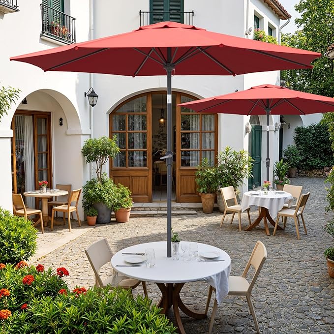 Outdoor Patio Umbrella, Table Umbrella with Push Button Tilt and Crank, 8 Ribs Market Umbrella